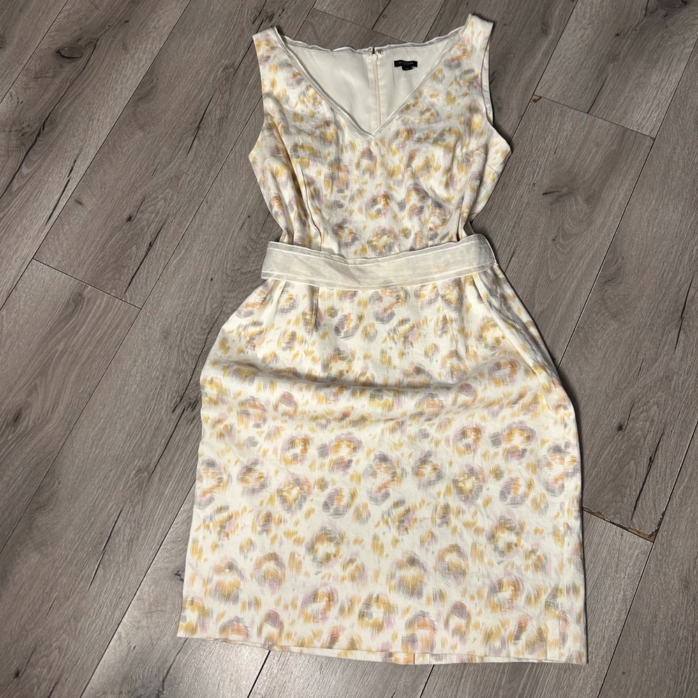 Ann Taylor Cream Sheath Dress 14 Linen Blend Ribbon Belt Sleeveless Quiet Luxury